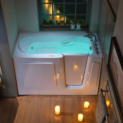 Baignoire à porte de 152 x 76 cm, accessible aux personnes à mobilité réduite, double système d'hydromassage (6 jets à remous et 12 jets d'air), remplissage et vidange rapides, acrylique blanc brillant, porte à ouverture à gauche ou à droite disponible