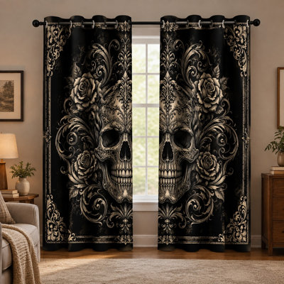 2Pcs Gothic Skull Rose Print Grommet Blackout Curtains, Ornate and Floral Pattern Window Drapes, Noise Reducing & Privacy Protection, Sun Blocking, Room Darkening Curtains for Bedroom Living Room Kitchen Indoor Home Decor