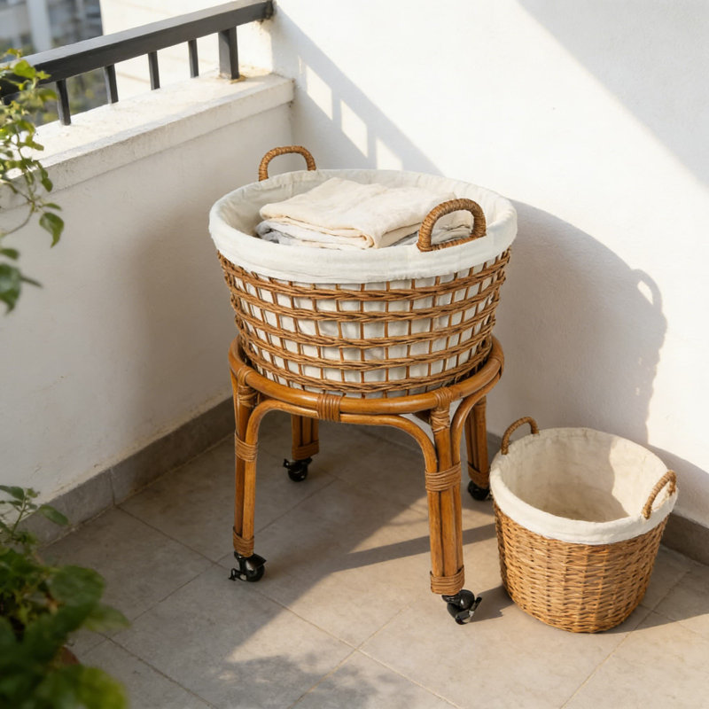 Handwoven Wicker Laundry Basket With Rolling Stand, Removable Liner, And Locking Wheels For Easy Multi-Room Laundry Transport