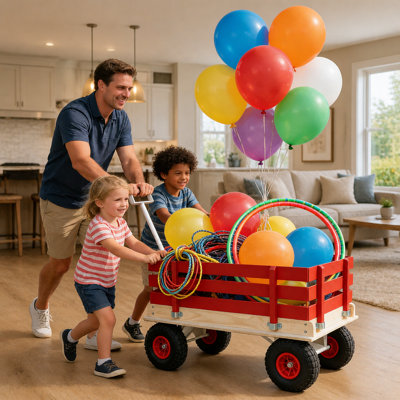 Chariot de chariot rouge en bois avec poignée pliante, chariot tout-terrain robuste pour enfants, pour l'extérieur, le jardin, le camping et les jeux