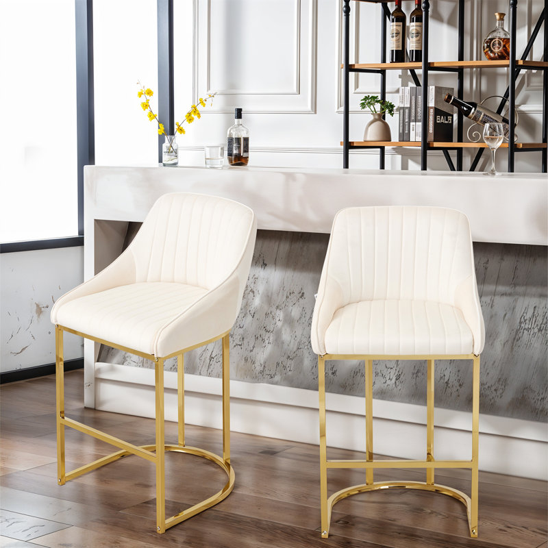 Upholstered Counter Stool with Metal Frame, Beige