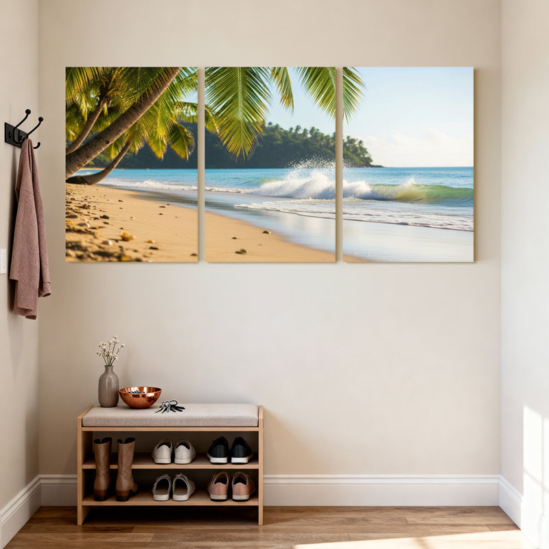 Palmiers, plage tropicale, vagues de sable, ciel de sable, ensemble de 3 impressions sur toile, H 18 po x l 36 po