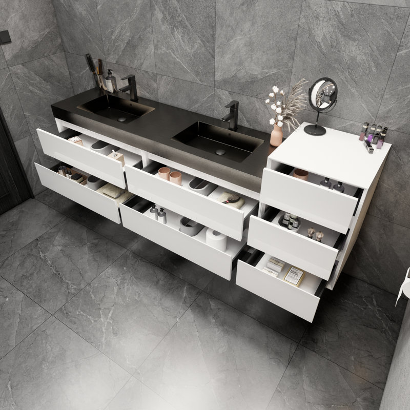 Golitz 103.5'' Double Bathroom Vanity with Stainless Steel Top, Glossy White
