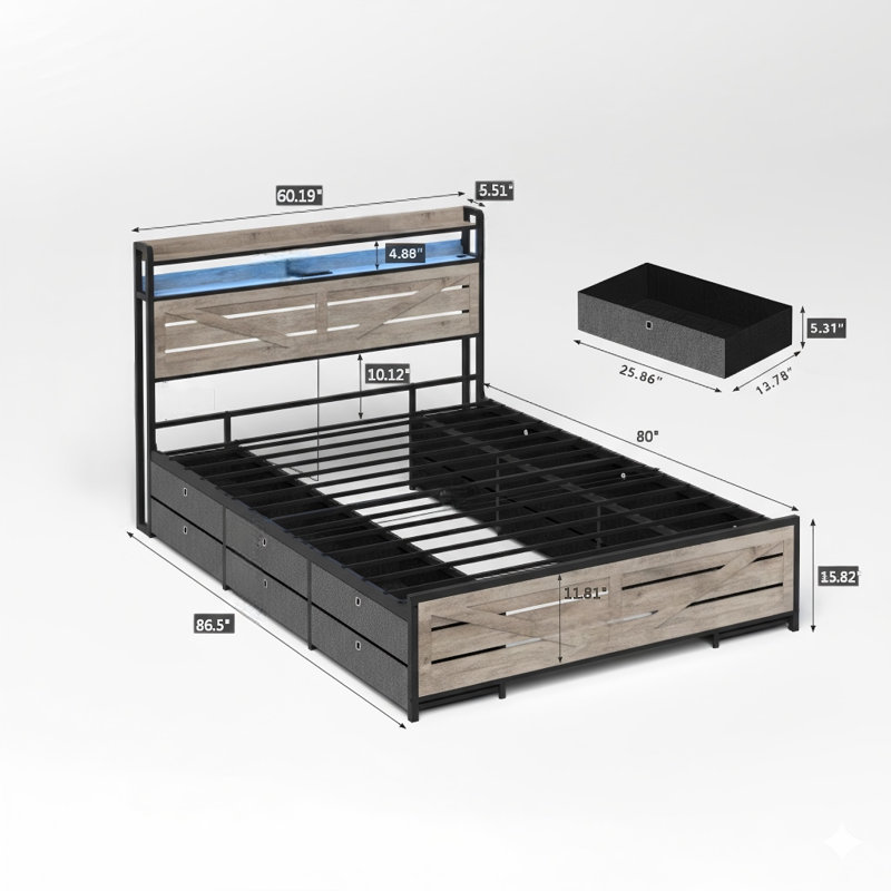 Structure de grand lit comprenant une tête de lit avec des compartiments de rangement intégrés, douze tiroirs lumineux, une base métallique équipée d'un support antidérapant et silencieux pour le matelas, des lattes robustes en métal, dans une finition grise.