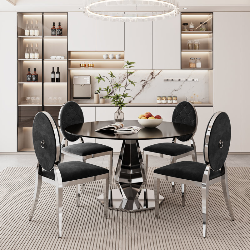 Ensemble de table de salle à manger rectangulaire en verre trempé avec chaise capitonnée Luxtury, Noir, noir, noir, noir