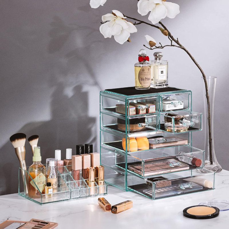 Organisateur de maquillage transparent - Maquillage et rangement pour bijoux, étui et présentoir - Conception spacieuse - Excellent support pour commode, salle de bain, meuble-lavabo et comptoir (3 grands, 4 petits tiroirs) [Bleu sarcelle]