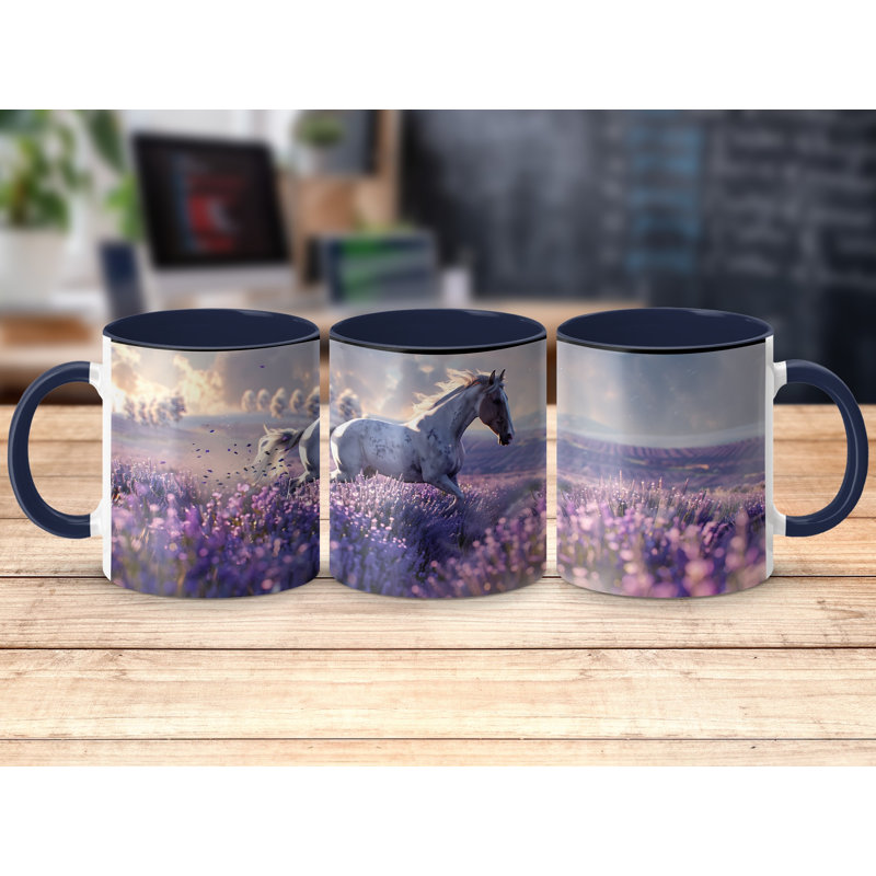 Set of 3 Realistic Animal Design 11oz Accent Mugs – Ceramic Coffee Cups with a Navy Handle and Interior