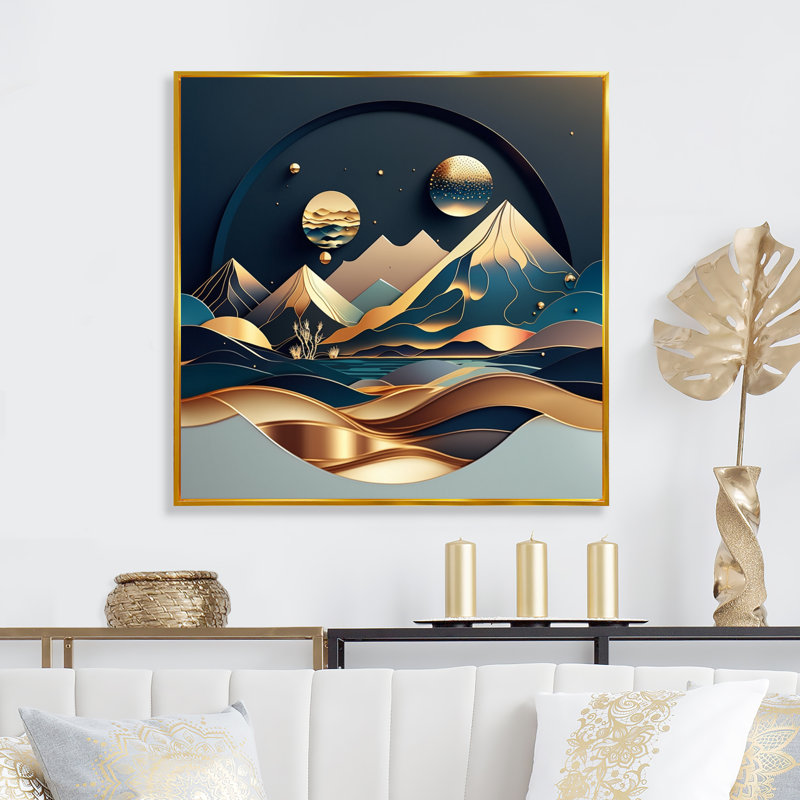 Dreamy Golden Mountain I - Abstrait marbré, reproductions encadrées, H 30 po x l 30 po x P 1 po, Toile avec cadre flottant or