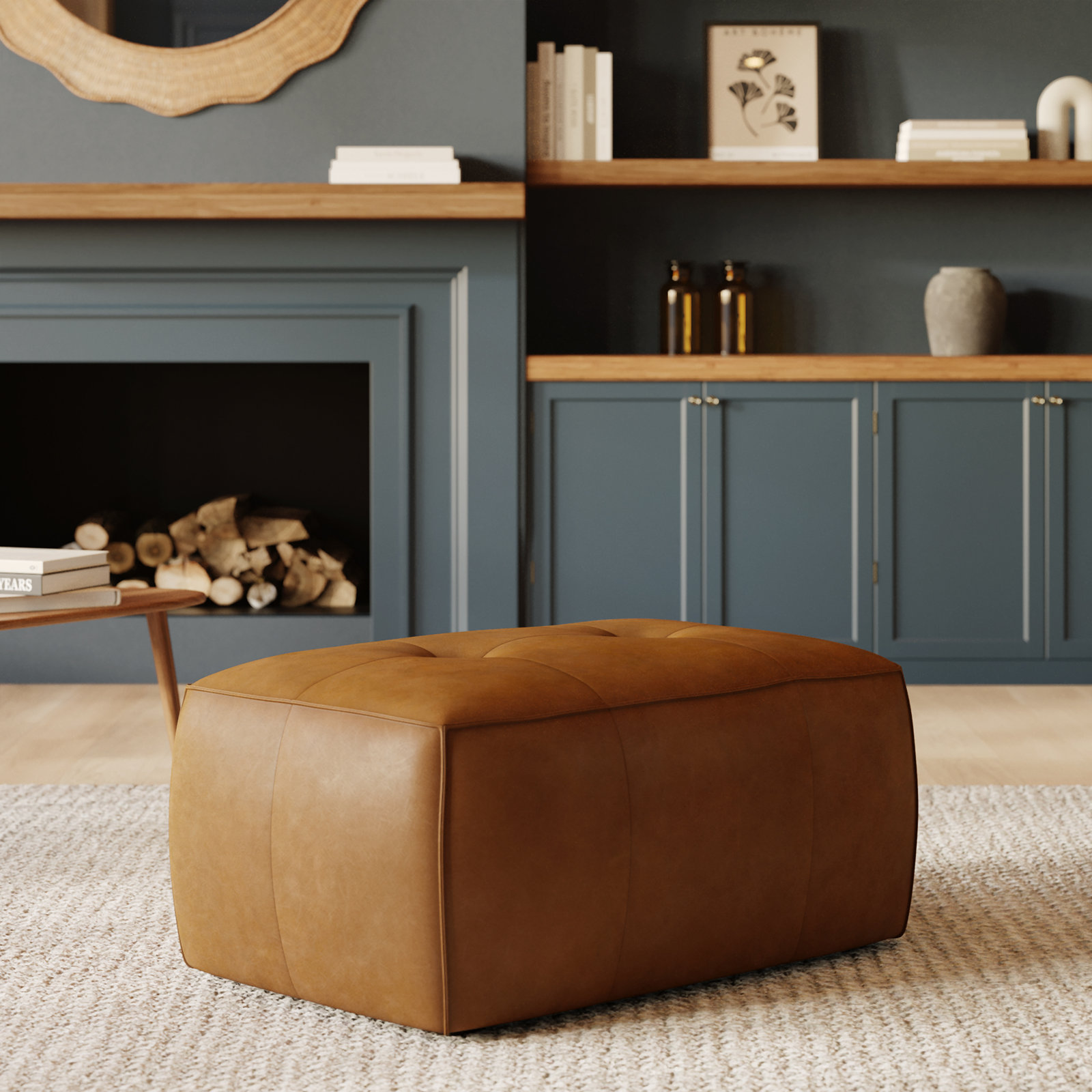 Capa Leather Ottoman, Saddle Tan