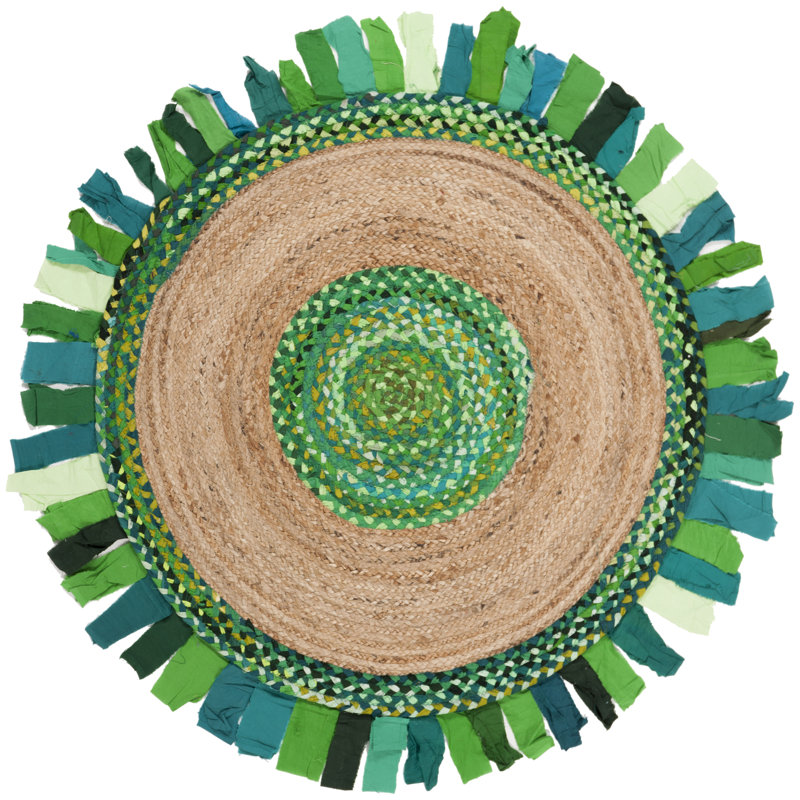 Jillian Hand Woven Cotton/Jute Rug in Green, Round 5'