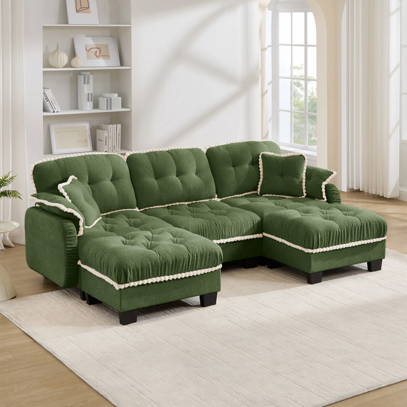 Canapé en chenille avec repose-pieds mobile et coussins capitonnés, L 100,7 po, Chenille verte