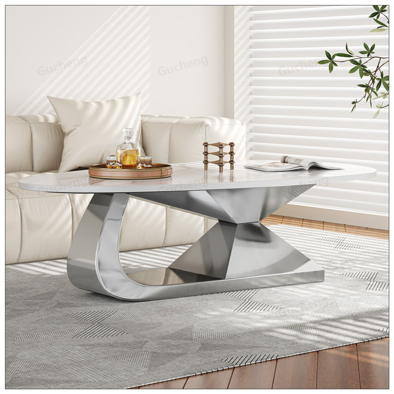 Table basse moderne en pierre frittée avec base en acier inoxydable - Centre de table de salon élégant, Argent argent