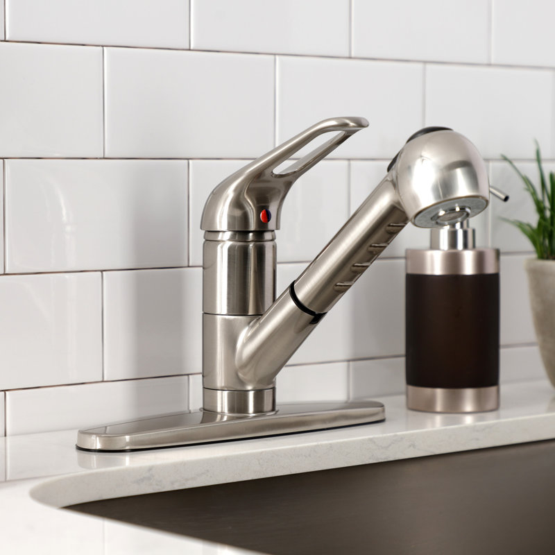 Kingston Brass Single-Handle 1-or-3 Hole Deck Mount Pull-Out Sprayer Kitchen Faucet, Brushed Nickel