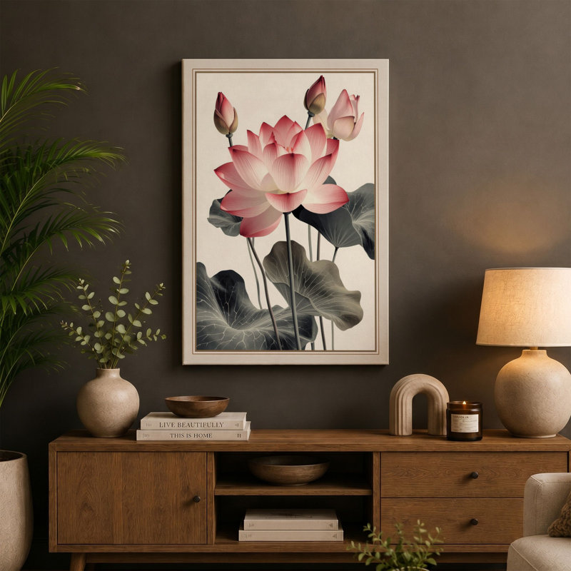 Lotus in Bloom Botanical - Wrapped Canvas, 30x20 - 76.2 x 50.8 cm, Cream Border
