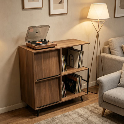 Support pour tourne-disque à 3 niveaux, plateau de rangement pour disque vinyle Mid-Century pouvant contenir jusqu'à 300 albums, grande armoire tournante avec tablettes pour le salon, noyer