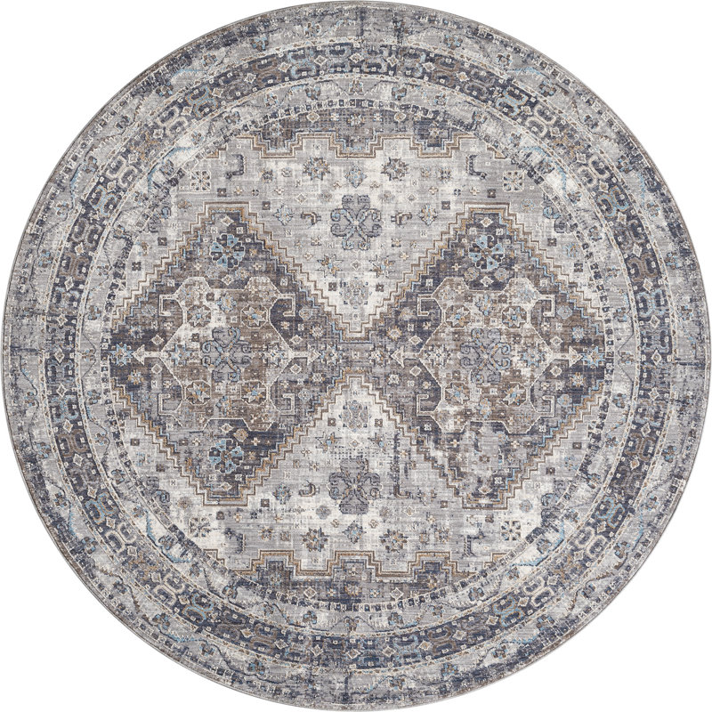 Hulsey Nomad - tapis tribal bleu vieilli avec un design bohème rétro, Rond 7 pi 11 po