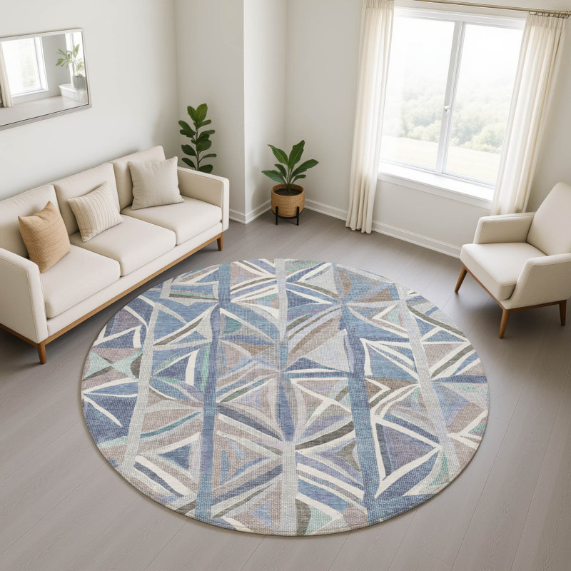 Premium Machine Washable Mayfield AMF2253 Geometric Rug, Denim, 8' Round