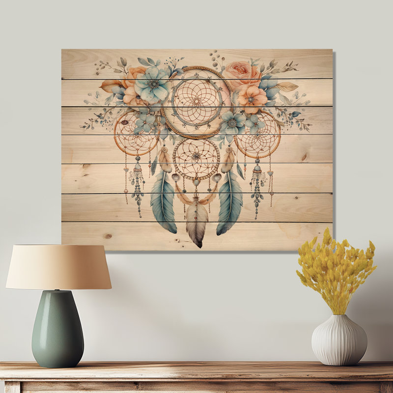 Impression de chuchotement rétro bleu sarcelle Dreamcatcher sur bois naturel, H 24 po x l 32 po x P 0,78 po