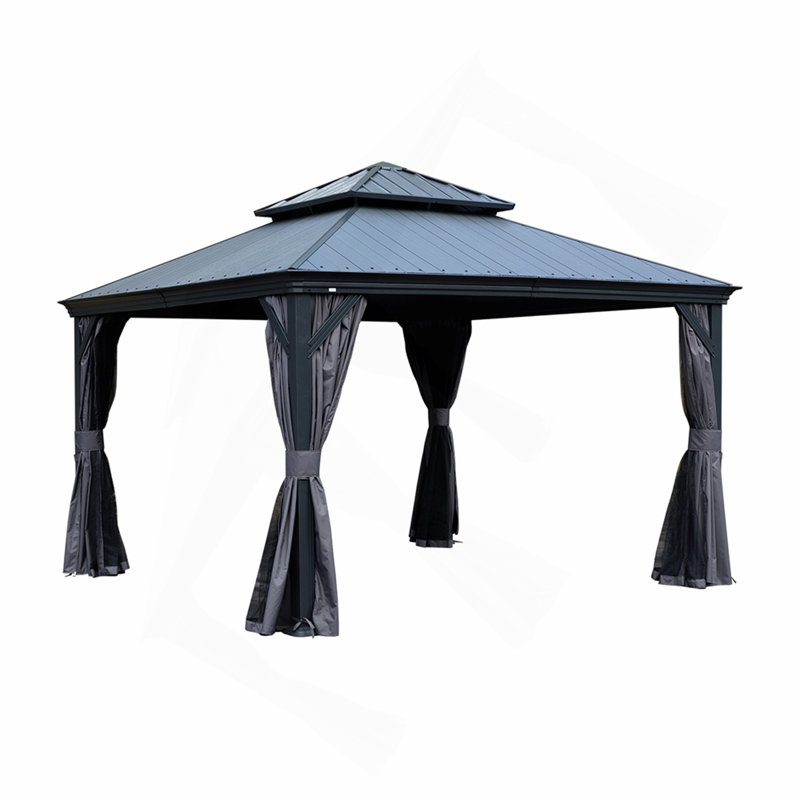 12'x12' Hardtop Gazebo with Resin Roof, Outdoor Metal Gazebo with Drainage Gutters, Permanent Heavy Duty Pavilion for Patio, Backyard and Deck, Curtains and Mosquito Netting Included