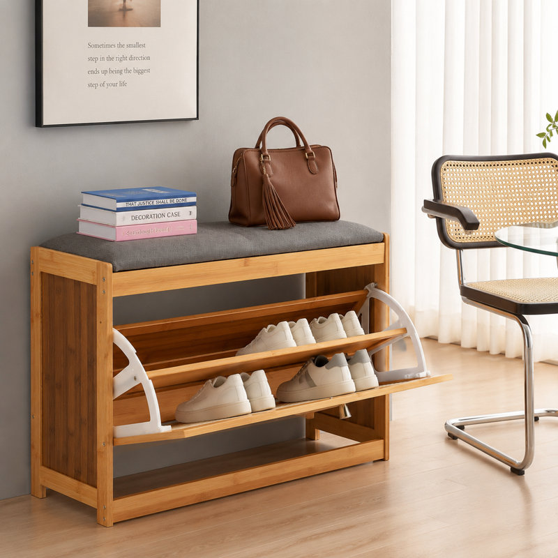 Banc de rangement 6 paires de chaussures en bambou avec coussin, Bois brun