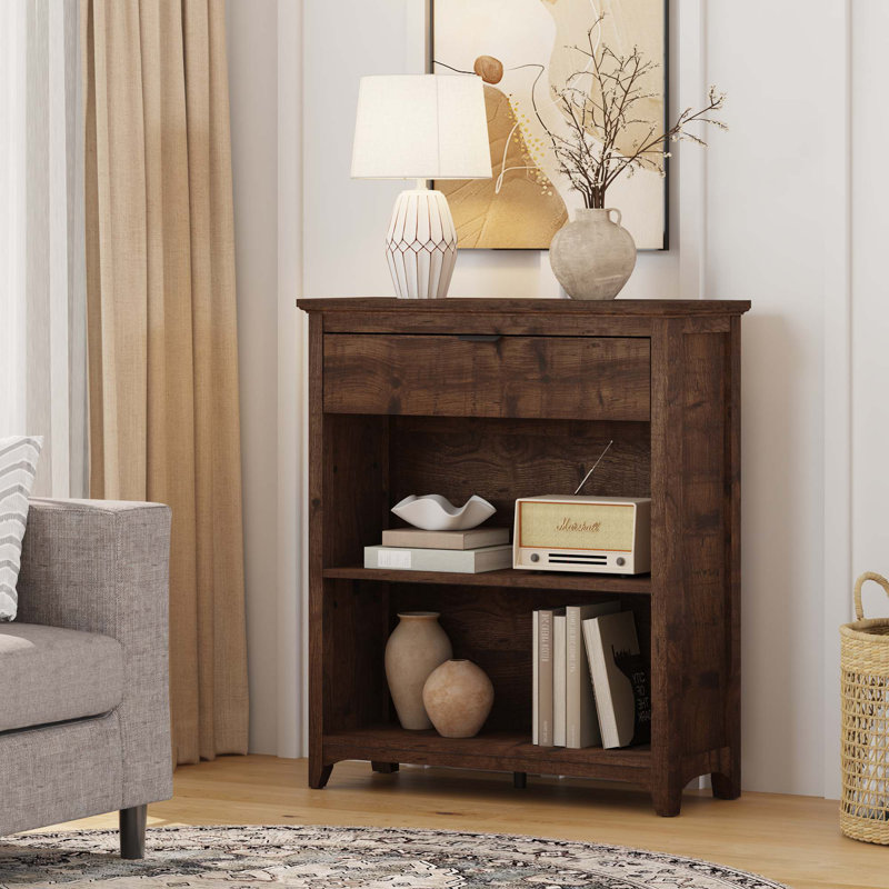 Aust Farmhouse 2 Tier Bookcase With Drawer, Rustic Oak