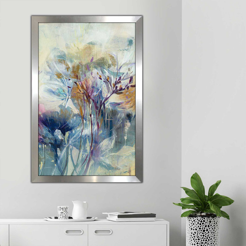 «Meadow Safran II» par K.Nari - Peinture, Encadrement argenté, H 39,5 po x l 27,5 po x P 0,75 po