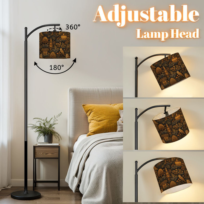 Lampe sur pied à arc avec abat-jour ajustable Lanternes d'arbre gothiques dorées Crânes de hibou Lampe sur pied noire 3 températures de couleur Lampe à mât haut avec interrupteur au pied pour la chambre à coucher