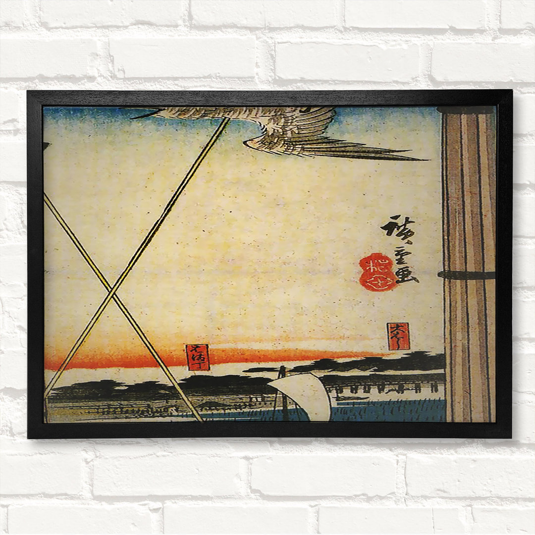 Ein Kuckuck fliegt an Masten vorbei von Hiroshige - Geschlossener Eckrahmen Kunstdrucke auf Holz