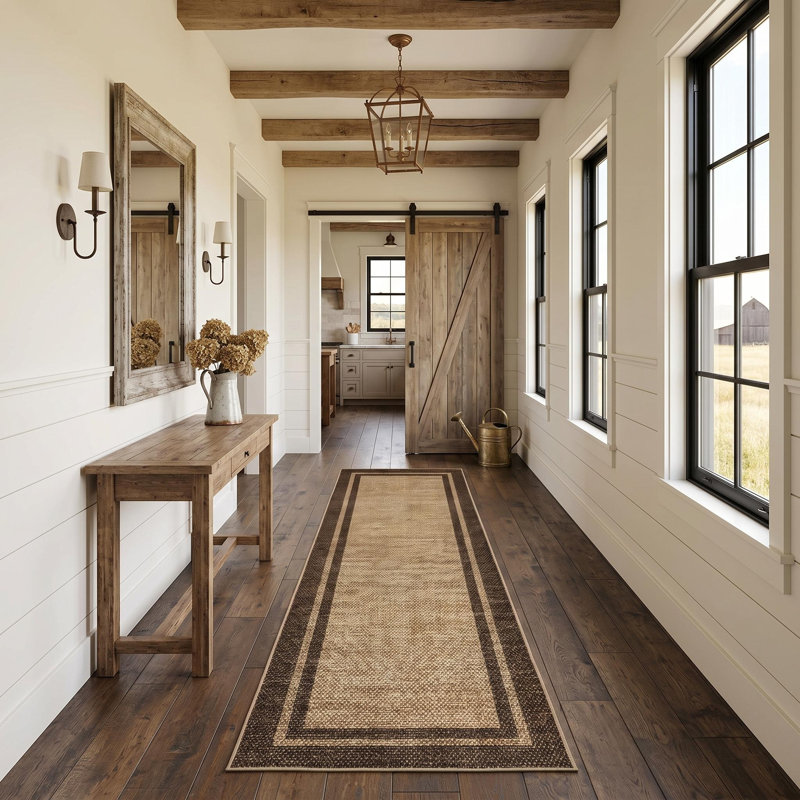 Tapis lavables modernes à géométrie pour le bureau de la salle à manger de la chambre à coucher, Brown, Runner 2' x 6'
