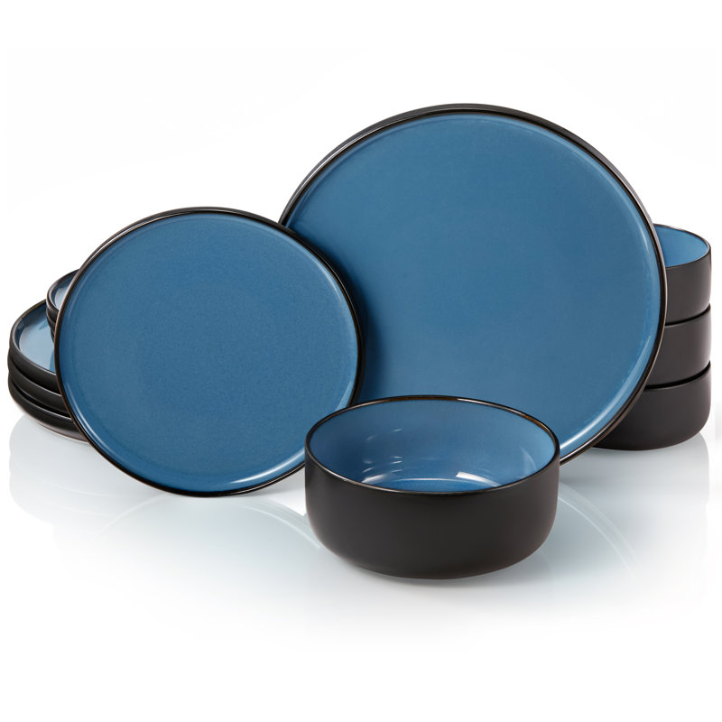  Service de table en céramique, 12 pièces, noir / bleu ardoise, service pour 4, Noir / bleu ardoise