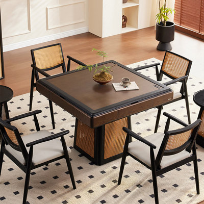 Solid Ash Wood Rattan Woven Fully Automatic Mahjong Dining Table with Storage Compartments for Chinese Rules