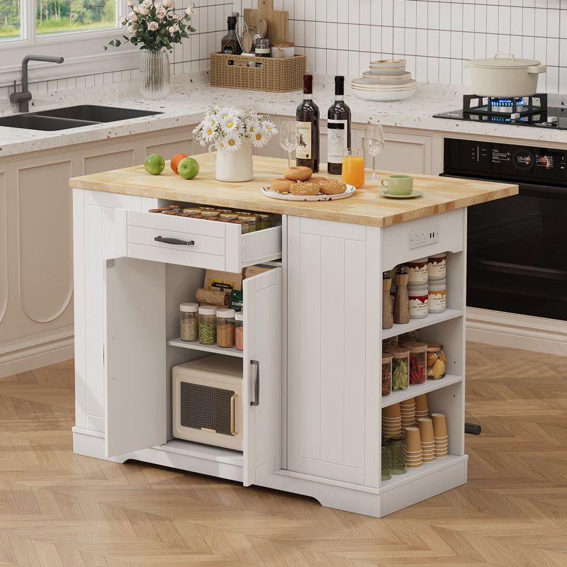 47.2" Kitchen Island With Storage Cabinet And Trash Cabinet, 3 Pieces Kitchen Dining Table Set With 2 Stools And Drop Leaf