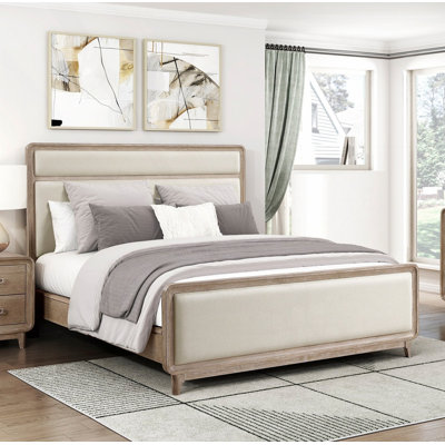 Queen Bed Upholstered Beige Chenille Wooden Bedroom Furniture