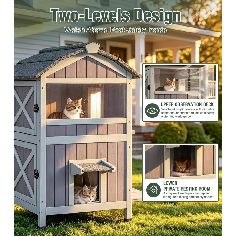 Outdoor Cat House, 2-Level Weatherproof Shelter with Side Doors, Asphalt roof, PVC curtain, 3.6 in raised base, two levels, side doors, platforms, and multiple entrances for outdoor cats
