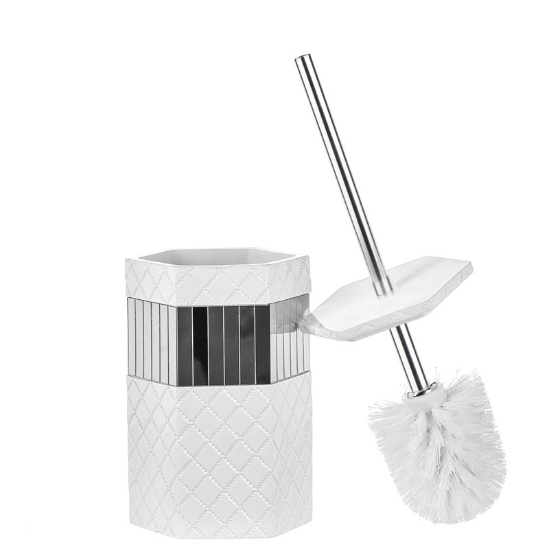 White Quilted Mirror Resin Toilet Brush Holder Set