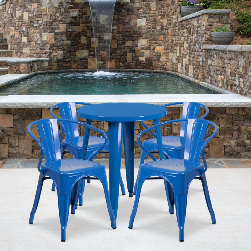 Cordele 24'' Round Metal Indoor-Outdoor Table Set with 4 Arm Chairs, Blue, 29.50" H x 30" W x 30" L