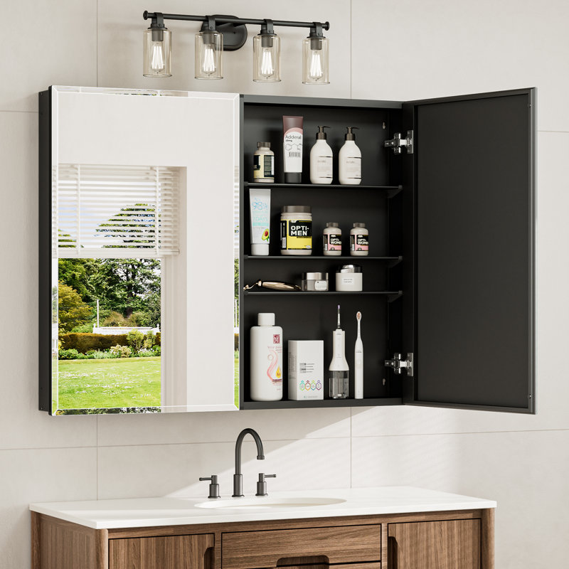 Armoire à pharmacie encastrée ou à fixation en surface biseautée sans cadre avec porte en miroir et tablettes réglables