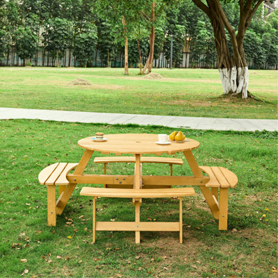 Natural Wood Picnic Table With 4 Benches - Umbrella Hole Weather- For Patio And Garden 8 Person Built-in Waterproof Backyard