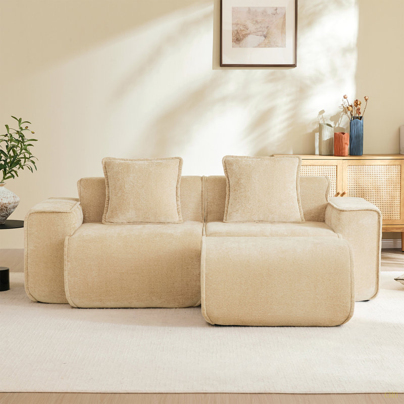 Canapé modulaire en L à 2 places avec passepoil à bordure française, sans assemblage requis, canapé à 2 places avec coussins décoratifs et 1 repose-pieds mobile, tissu de velours