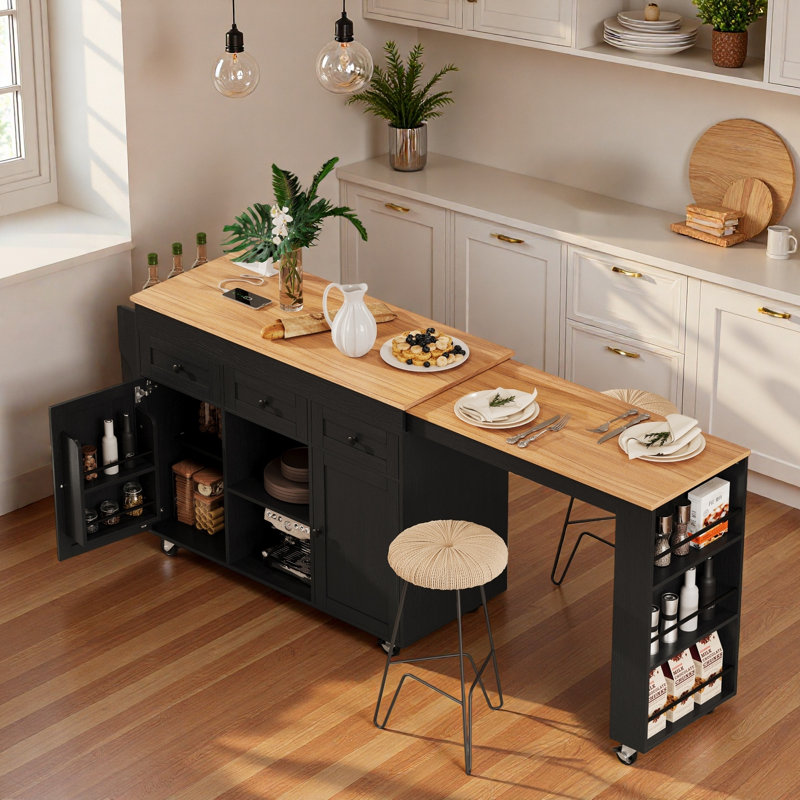 Îlot de cuisine roulant avec table de salle à manger extensible, station de charge, support de rangement ouvert à trois niveaux, 3 tiroirs et 2 armoires de rangement