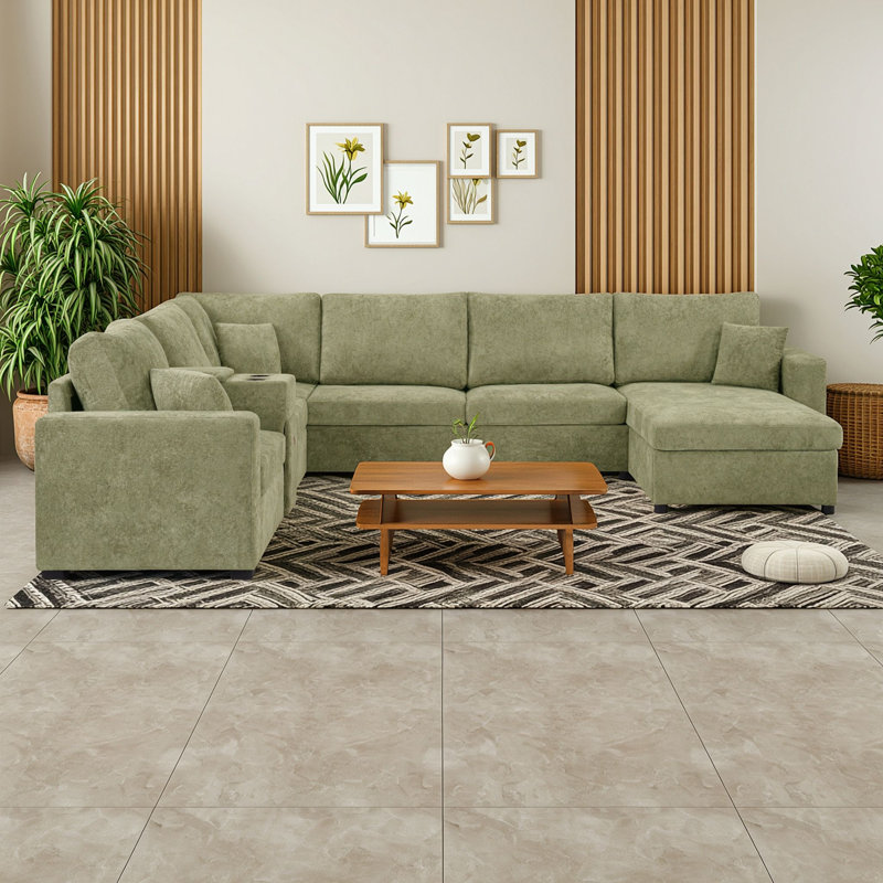 Canapé d'angle 5 places avec rangement intégré et porte-gobelets, revêtement en tissu chenille confortable, Vert