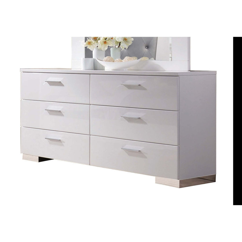 Commode 6 tiroirs Lorimar ultrabrillante avec pieds chromés, durable et élégante pour les chambres à coucher modernes