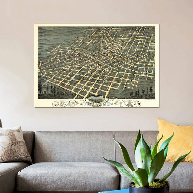 « atlanta map, 1871 », impression sur toile, H 8 po x l 12 po x P 0,75 po, Toile tendue, Pas de tapis