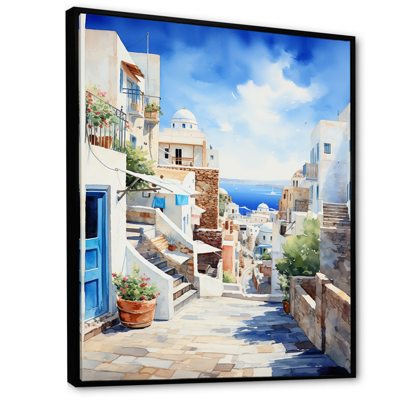 «Greek Greek Island Coastal Village Dreams II», art mural Grèce, Cadre flottant noir, H 40 po x l 30 po x P 1,5 po