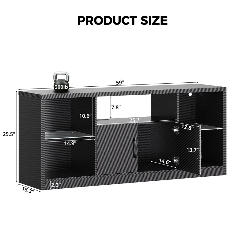 TV Stand For TVs 65 Inch With Power Outlet And Led Lights, Carbon Fiber Entertainment Center With Storage Cabinets, Adjustable Glass Shelves, Modern TV Stands For Living Room, Black