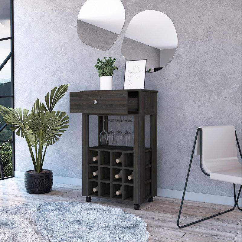 Bar Cart Bayamon, Twelve Wine Cubbies, Four Legs, Espresso