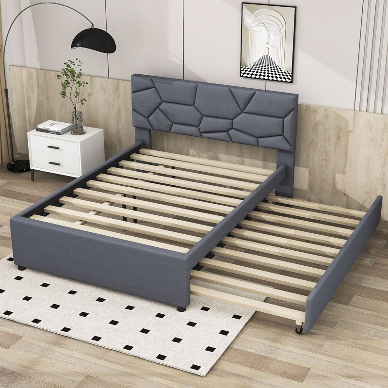 Wildo Linen Upholstered Platform Bed with Trundle And Headboard, Gray, Queen