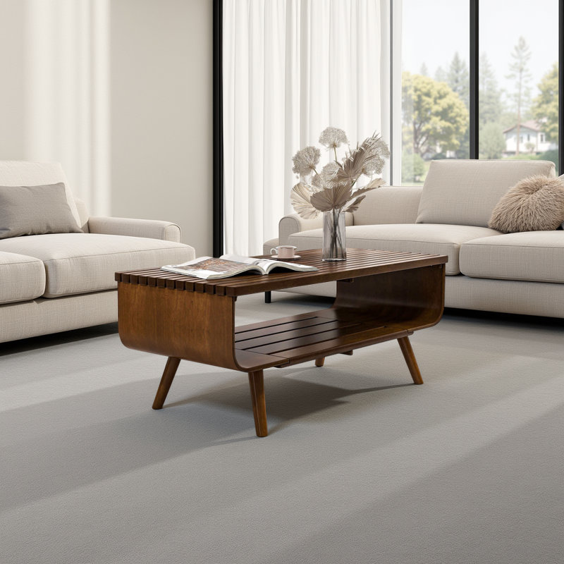 44" Mid-Century Coffee Table - Solid Wood Frame with Flared Legs for Small Spaces