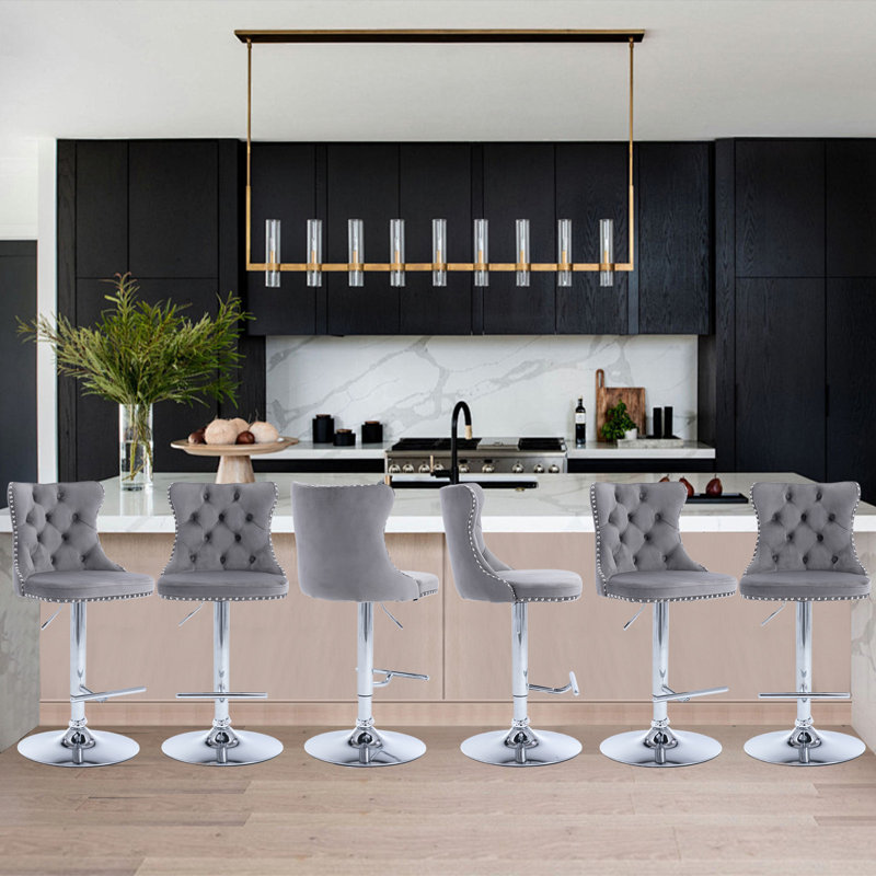360°Swivel Adjustable Counter Height Bar Stools, 6, Gray, Sliver