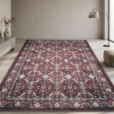 5x7 ft Washable Boho Style Area Rug for Living Room - Boho Floral Print Carpet. Soft Velvet. Non-Slip TPR Backing. Machine Washable. Red